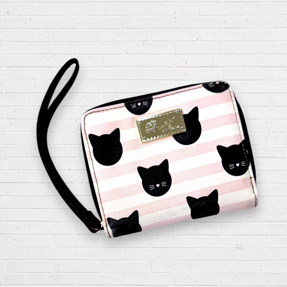 LUV BETSEY JOHNSON Pink Black Cat Striped Zip Coin Wallet Wristlet
